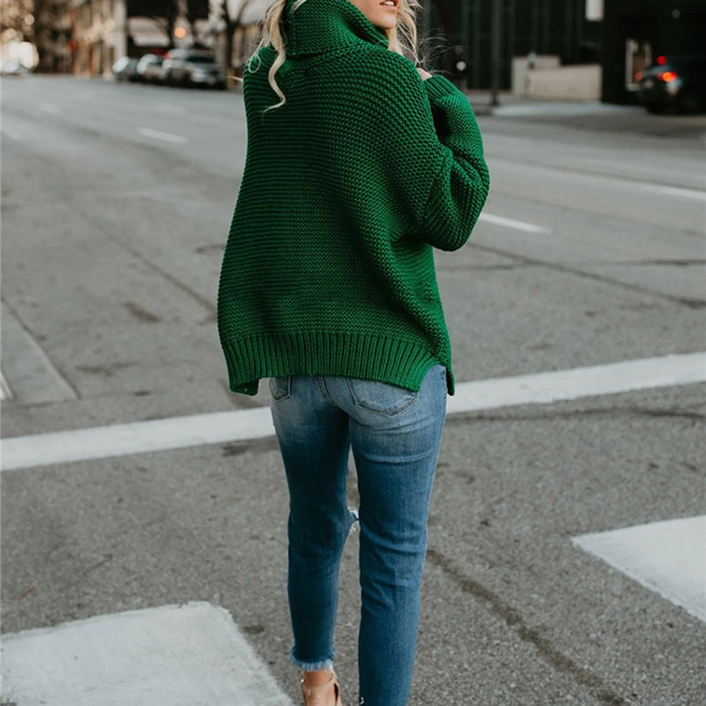 Горячий сплошной цвет теплый вязаный свитер для женщин осень зима дикий высокий воротник Толстая линия длинный рукав свободный пуловер женский свитер
