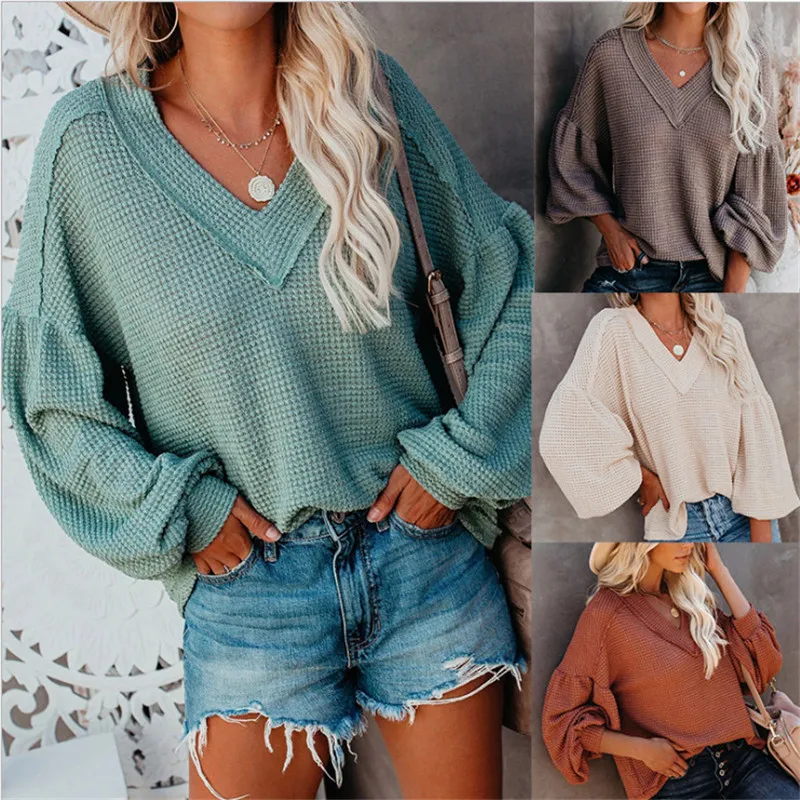 

2020 Unique Nature Womens V Neck Waffle Pullover Batwing Sleeve Pullover Female Solid Color Waffle Knit Slouchy Loose Sweater