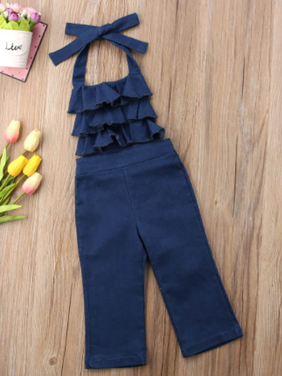 Летний комбинезон для девочек; джинсовый хлопковый Детский комбинезон с оборками; цельнокроеная модная одежда для девочек
