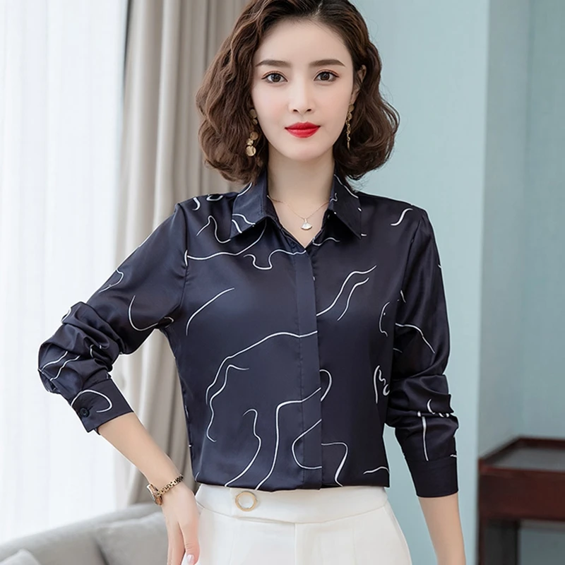 サテンシルクシャツ女性ブラウス春秋の長袖プリントオフィスレディースワークシャツのファッションスリム基本女性トップス服 Aliexpress レディース衣服