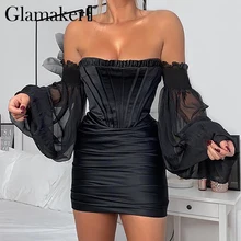 Glamaker предложение Черное мини-платье с открытыми плечами женское сексуальное шикарное короткое вечернее платье с открытой спиной лоскутное винтажный буф платье с длинными рукавами