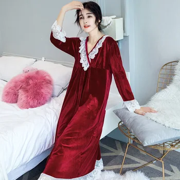 

Burgundy Velvet V-neck Lace Women Winter Sleepwear Nightgown Nightwear Thicken Warm Nightdress Homewear Casual Soft Bath Gown