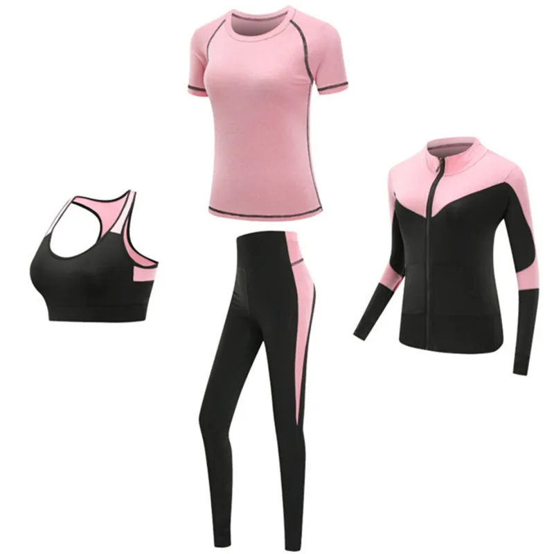 Rychlý suchý ženy sportswear joga sada fitness fitka joga šatstvo oblek nastaví coat+bra+t shirt+leggings 2019 workout běžecký tvoření