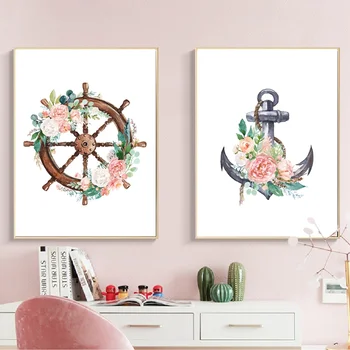 

Wall Art Canvas Painting Nautical Marine Floral Kids Nordic Poster Anchor Steering Wheel Prints Girls Room Art Decor