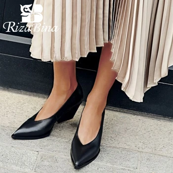 

RIZABINA Real Leather Women Pumps Lady Office Shoes For Women Wedges Solid Color Party Shallow Work Female Footwear Size 34-39