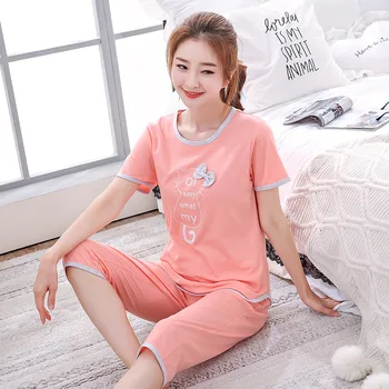 

New High Quality Summer Women's Cartoon Cute Thin Leisure Tops Pajamas Set Women's Short-Sleeved Cropped Pants Cotton Suit