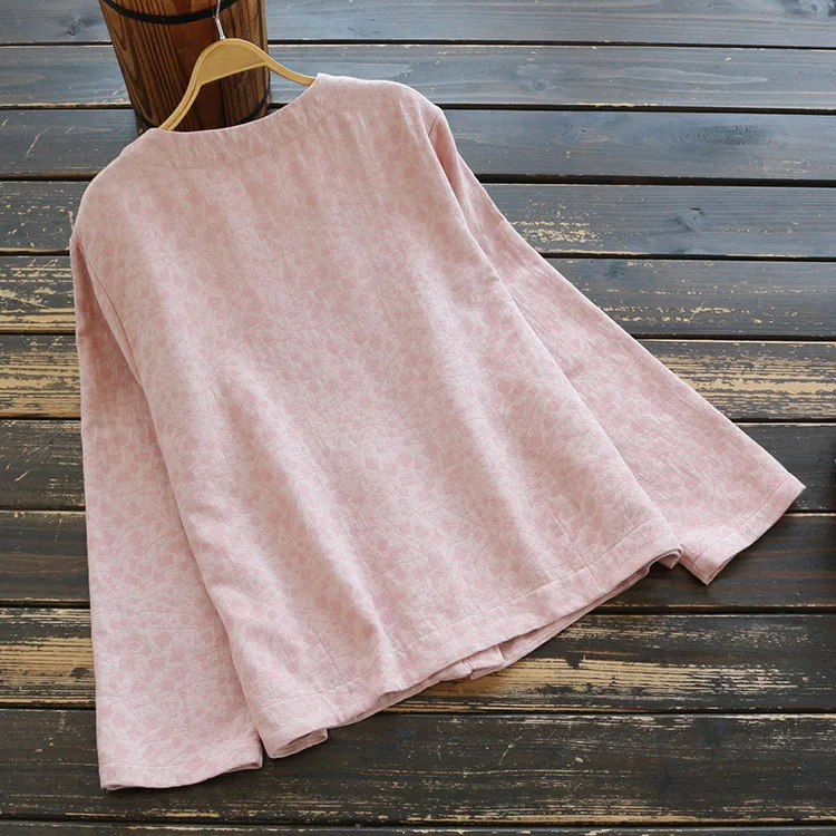7383 New Spring Women Shirt Chinese Style Retro Buckle Floral Embroidery Linen Loose O-Neck Long Sleeve Blouse Women 3