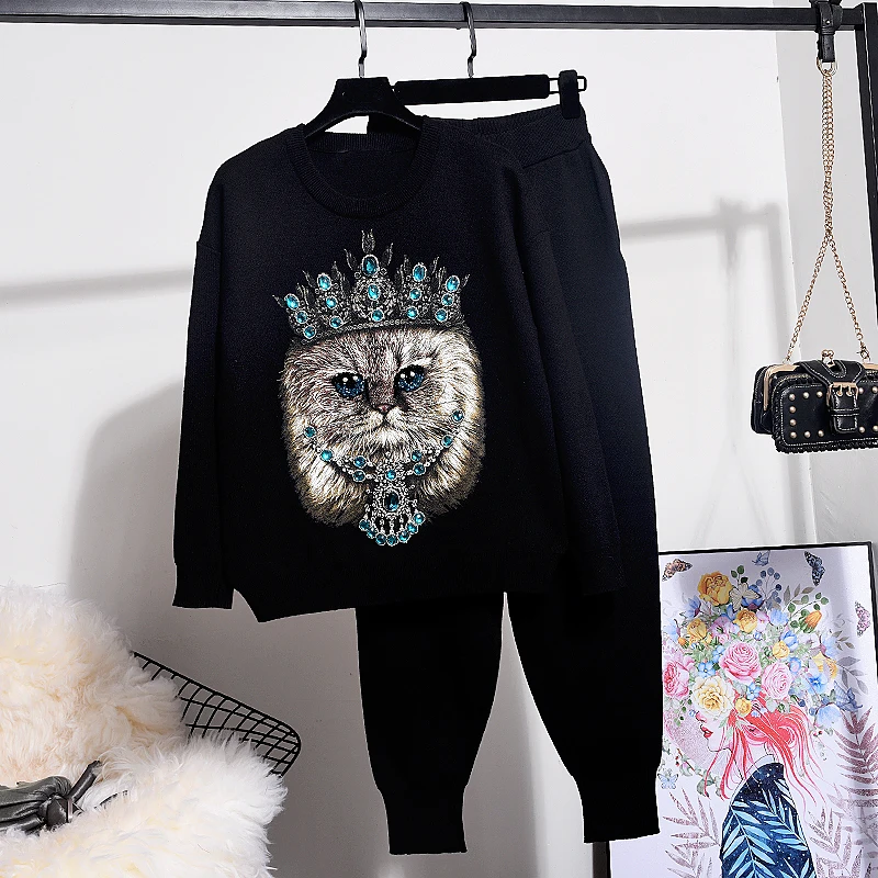 

Manual Diamonds Cartoon Print Knitted Tracksuit Set Women Long Sleeve Sweater Pencil Pants Outfits Female Fashion Knit Suit 2pc