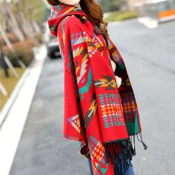 

Women Multipurpose Ethnic printed Hooded Sweater Cape Poncho Acrylic Wool Shawl Scarf Fashion Fringe Hooded Wraps