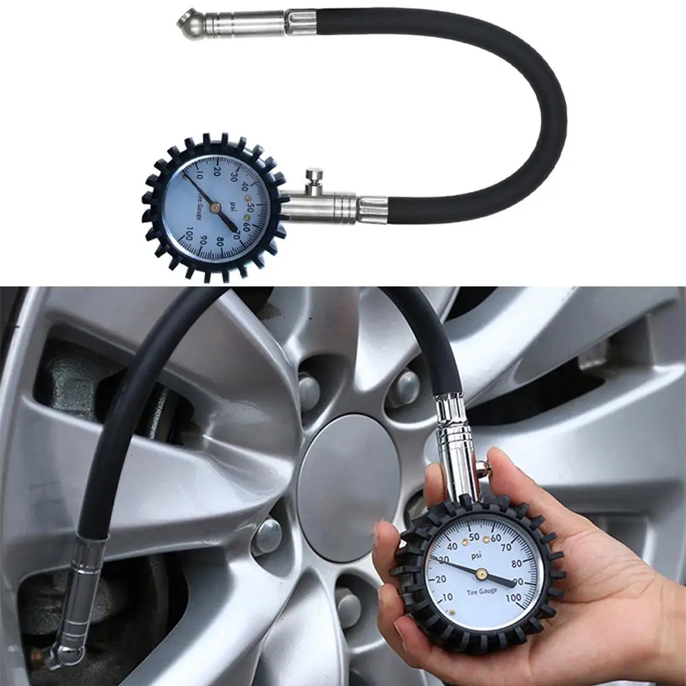 

100PSI ABS Metal Precision Pointer-style Car Tire Pressure Gauge with Lengthening Hose and Short Pressure Measuring Valve Tester