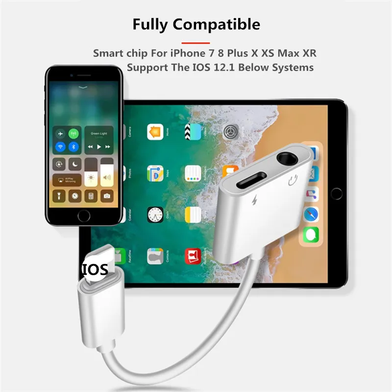 2 in 1 Audio Adapter IOS 12.3 For iPhone XR X XS Max 7 8 Plus For lightning to 3.5mm Headphone Earphones Jack Aux Charging Cable