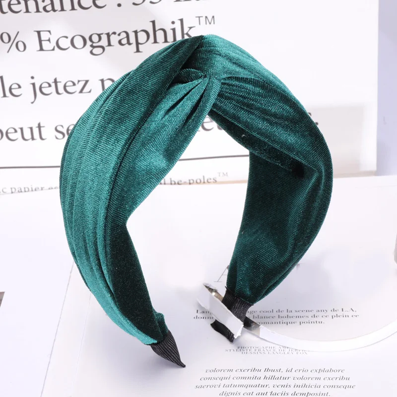 dark green Горячая Распродажа, Женская широкая повязка на голову, бархатные повязки на волосы, твист, бант, Осенний узел, поперечная ширина, повязка на голову, красный, синий, винтажная повязка для волос, аксессуары - Цвет: dark green