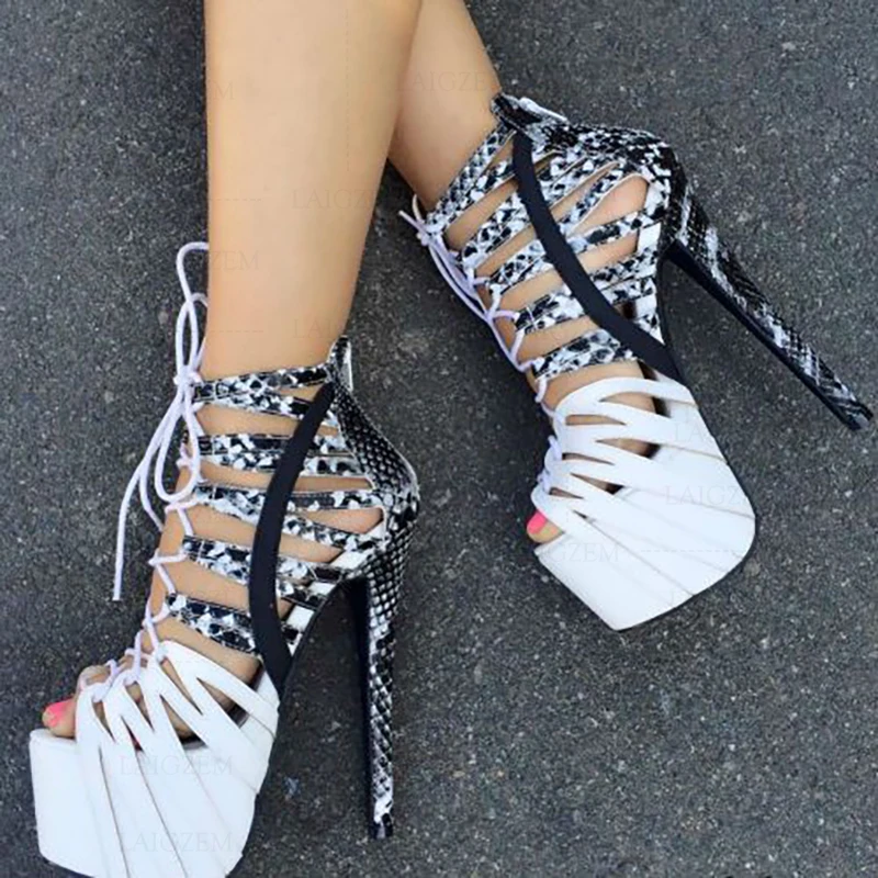 

BERZIMER Women Platform Sandals Summer Snake Stiletto High Heels Zapatos Back Zip Pumps Ladies Shoes Woman Big Size 43 44 46 52