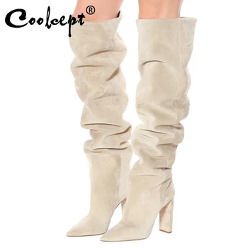 

Coolcept Plus Size 35-47 Women Knee High Boots Flock Thick High Heel Shoes Pointed Toe Winter Warm Fashion Lady Footwear