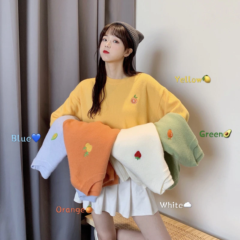 2020 Fruits Embroidery Sweater Women Fashion Student Autumn Loose Oversize Long Sleeve Pullover Female Yellow White Korean Tops | Женская