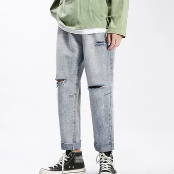 

New Ripped Jeans Men Spring And Summer Loose Washed Light Casual Straight Nine-point Pants Male Vintage Jeans Dropshipping