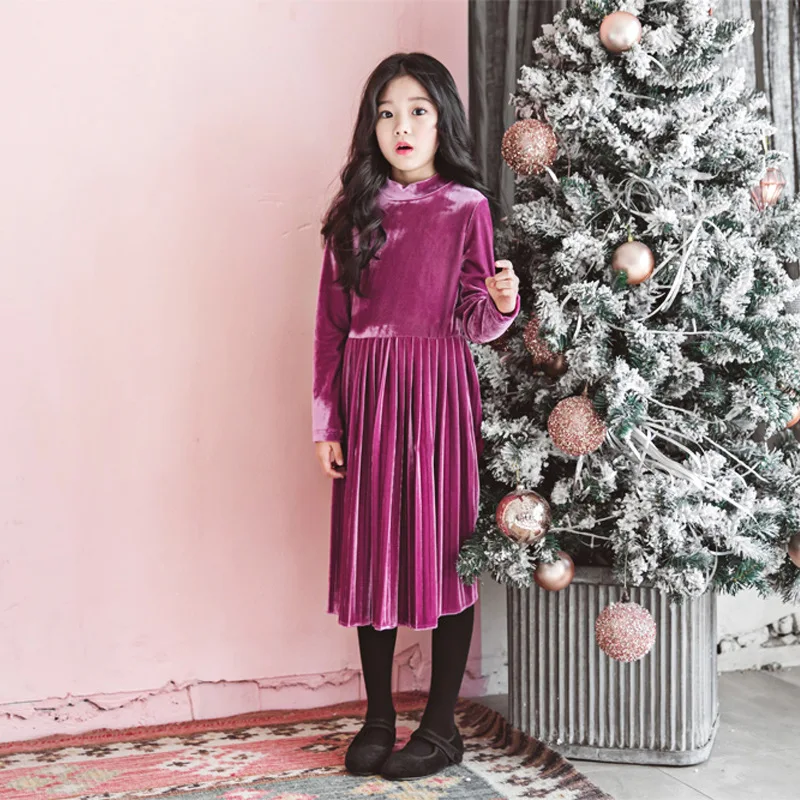 Детские платья с длинными рукавами для девочек; Осень-зима г.; теплое бархатное платье для девочек; фиолетовое платье; детская одежда
