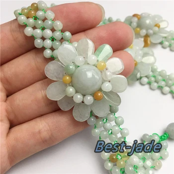 

Flower Bracelet Natural Burma jadeite Green Grade A jade strand Jewelry Gift Hand weaving rope knit red braided rope Female
