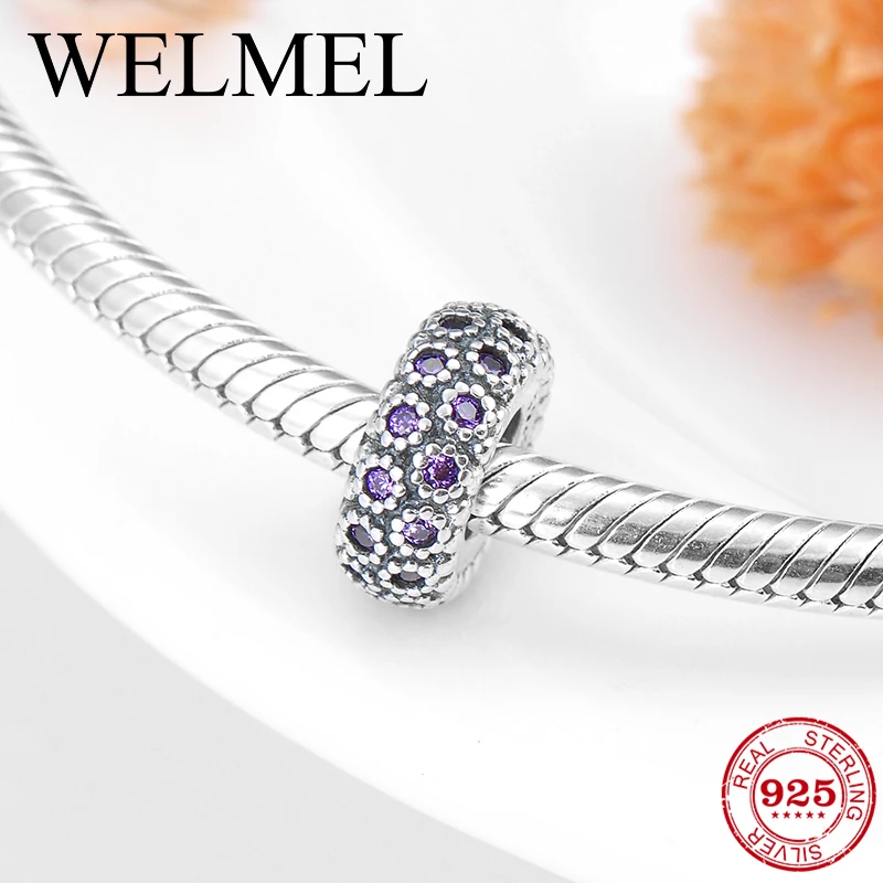

New 925 Sterling Silver flower Purple CZ spacer Beads for womens gift Fit Original Pandora Charm Bracelet Jewelry making 2018