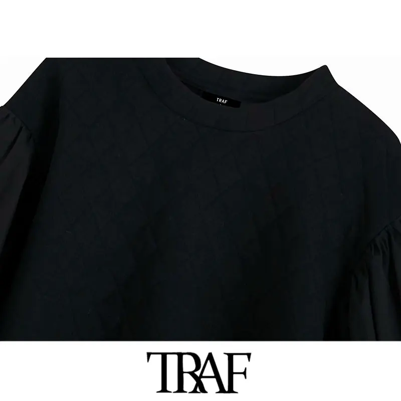 TRAF, Женская винтажная стильная Базовая черная стеганая толстовка, Модные женские пуловеры с круглым вырезом и рукавом-фонариком, шикарные топы