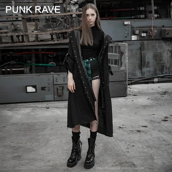 

PUNK RAVE Women's Dark Burrs Woolen Yarn Loose Long Coat with Eyelet Woolen Long Sleeve Hooded Black Fall Women Trench