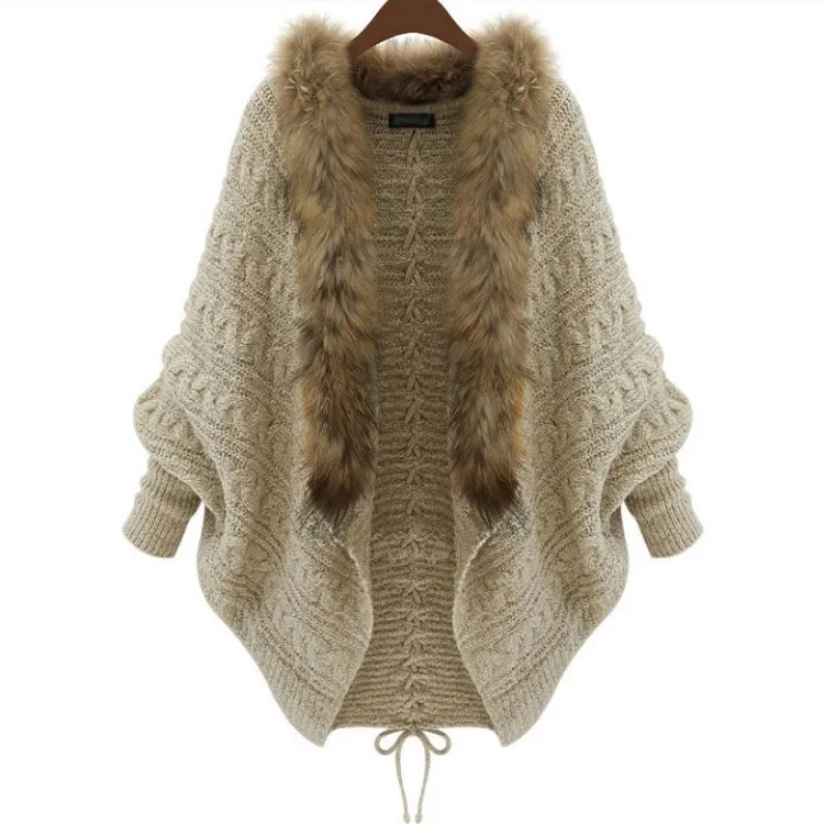 Bat sleeve large fur collar knit cardigan featuring sweater coat |