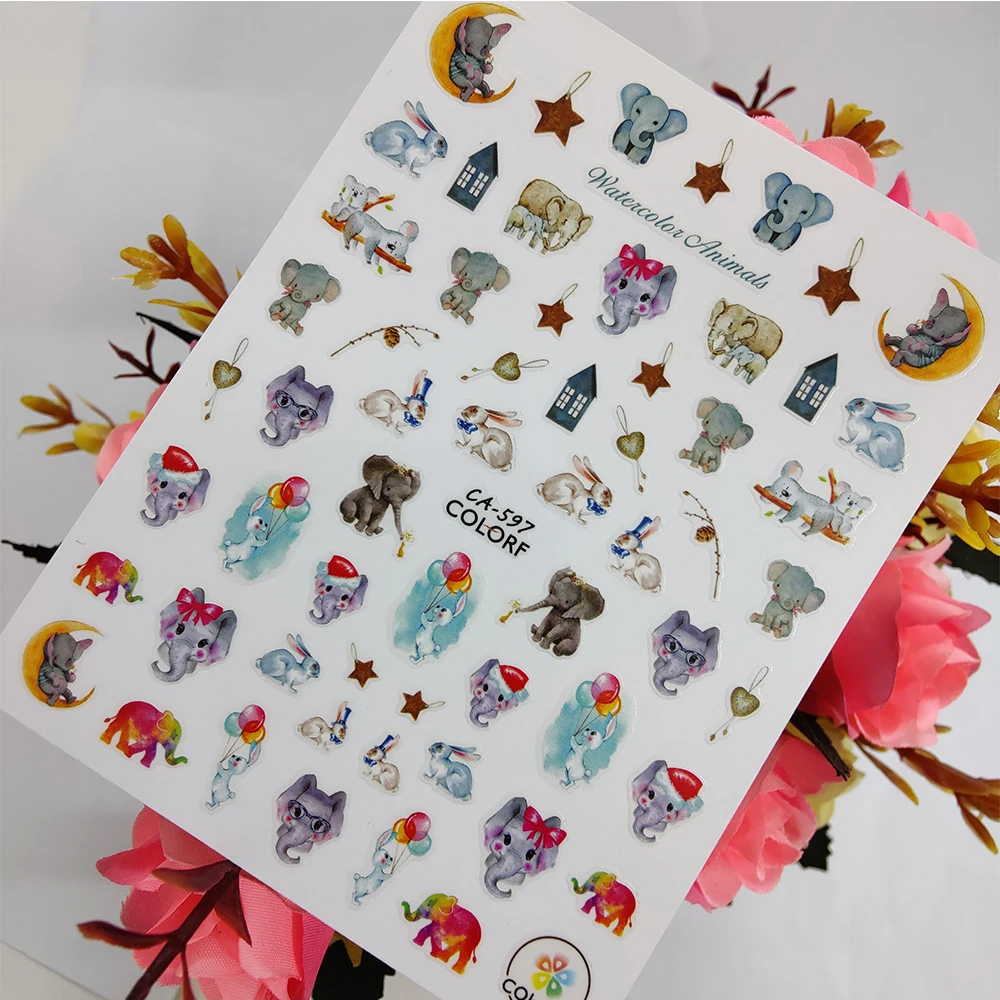 3D Nail sticker Art Watercolor Animal Elephant Decoraciones Foil Peel Off Sliders Self Adhesive Design Manicure Accessories | Красота и