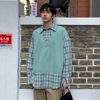 

2019 Autumn Men's New False Two Piece Male Coats Round Neck Loose Pullover Hoodies Cotton Casual Clothing Sweatshirts Size M-XL