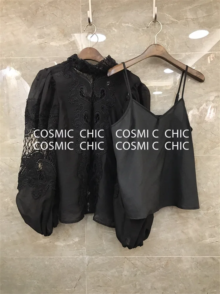 Cosmicchic, подиумная Праздничная юбка, комплект, элегантный фонарь, длинный рукав, открытая кружевная вышивка, блузка, нестандартные оборки, мини-юбка