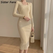 

Sister Fara Elegant Sheath Square Collar Knit Dresses for Women Autumn Knee-Length Sweater Dress Spring Women Solid Casual Dress