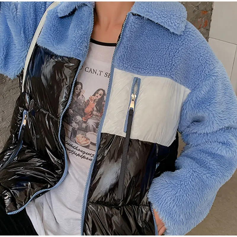 Winter Faux Fur Women's Cotton Coats Patchwork Warm Female Coat Short Plush Long Sleeve Turn-down Collar Ladies Jacket