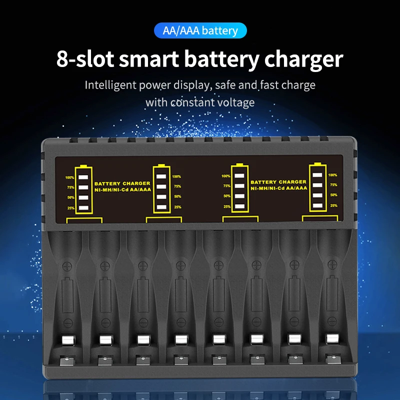 Battery Charger PUJIMAX Battery Charger 8 Slots with LED Indicator for Ni-MH/Ni-Cd AAA/AA Rechargeable Battery Short Circuit Protection Chargers