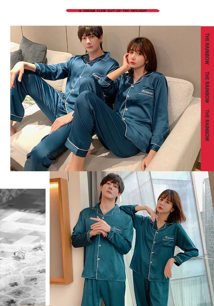 New Hot Couple Pajamas for Lovers Spring and Autumn Long-sleeved Couple Pajamas Women Cute Thin Ice Silk Men's Silk Home Service mens silk pajamas
