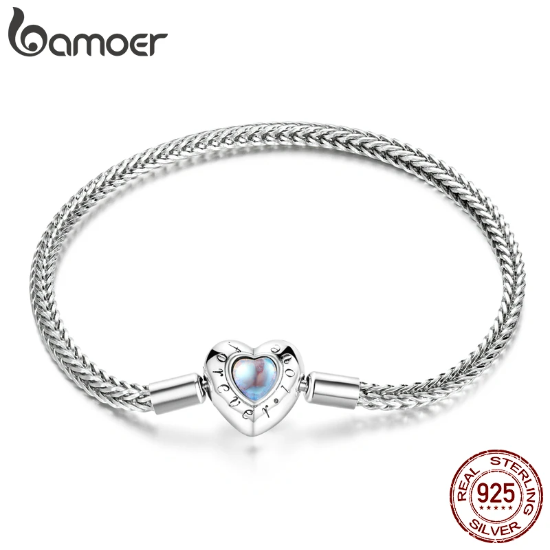 

bamoer Heart-Shaped Charm & Beads Bracelet 925 Sterling Silver Snake Chain Basic Bracelet For Women Moonstone Jewelry 17CM 19CM
