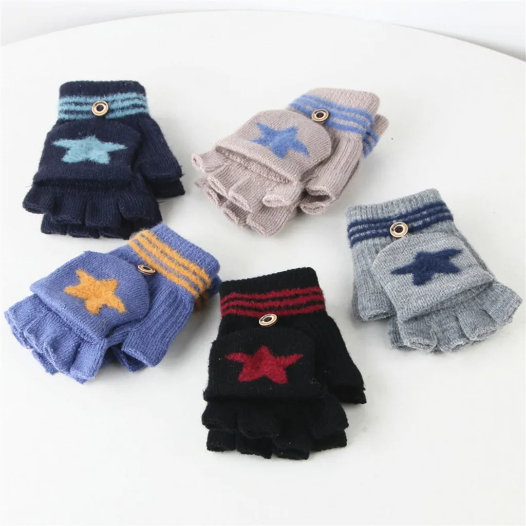 Детские Перчатки без пальцев с принтом «пять звезд» для малышей, детей, зимняя теплая вязаная откидная крышка-трансформер, варежки, Перчатки, велосипедные Перчатки