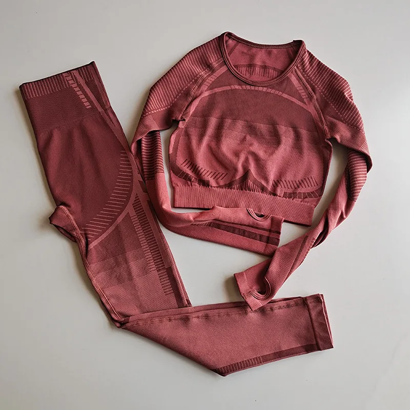 

Seamless Yoga Set Fitness Sports Tops Suits Piece Long Sleeve Shirts High Running Leggings Workout Yoga Pants Women High Waist