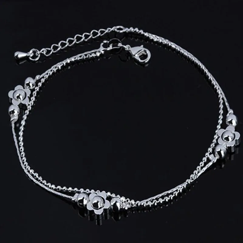 

Fashion Double Plum Blossom Anklet 925 Silver Flower Anklet, Designed for Women To Create Jewelry Gifts J026