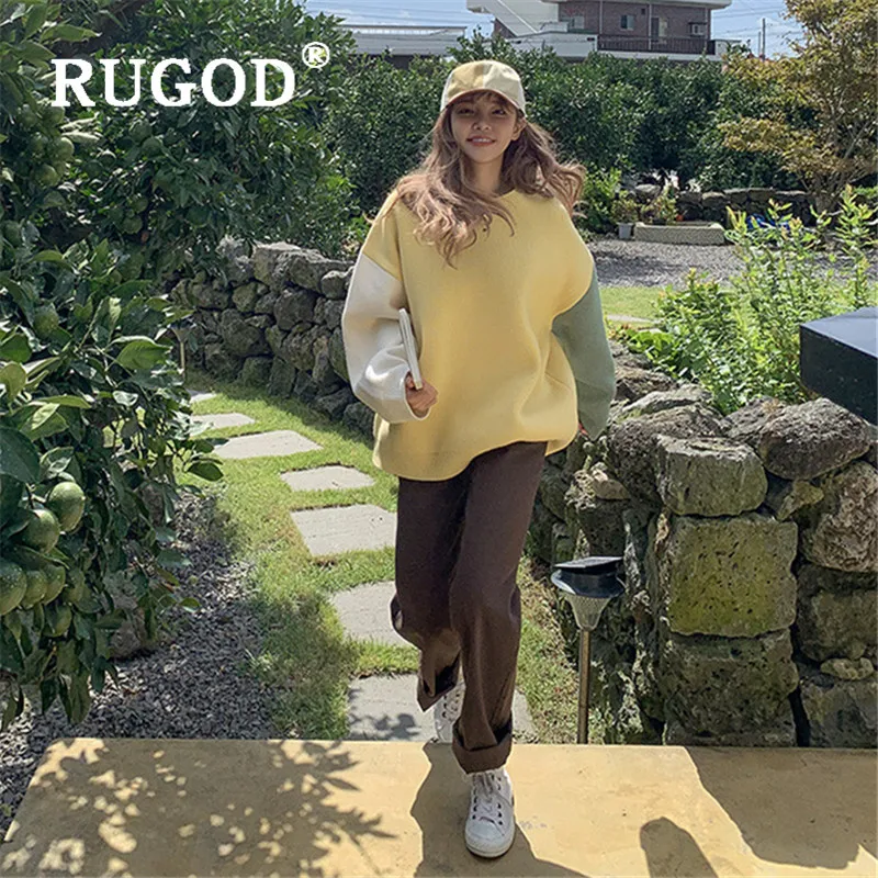 RUGOD женский свитер осень зима корейский стиль Шикарный контрастный цвет круглый вырез длинный рукав Свободный Пушистый свитер зимний джемпер