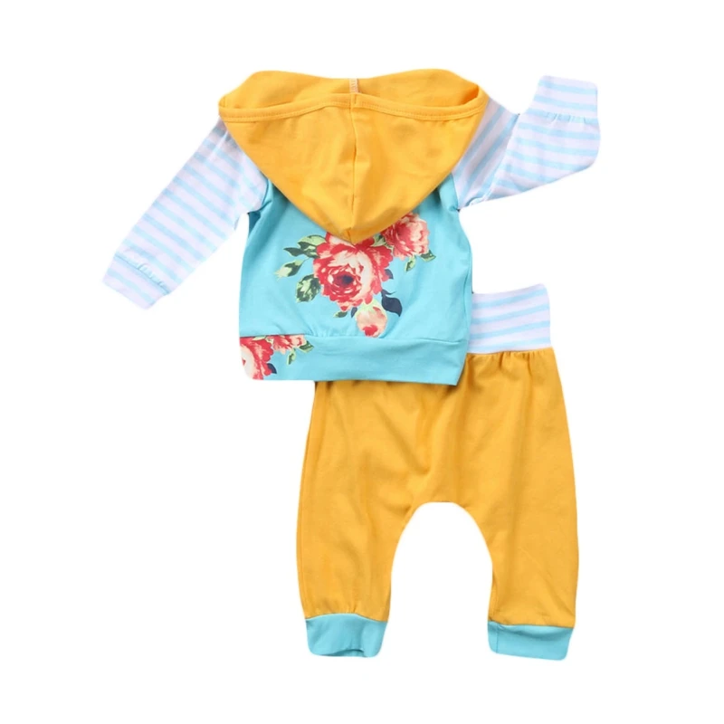 

2020 Baby Girls Dress Winter Newborn Girls Floral Hooded Tops Pants 2 Pcs Outfit Girls Clothing Flowers Printed Baby Yellow Set