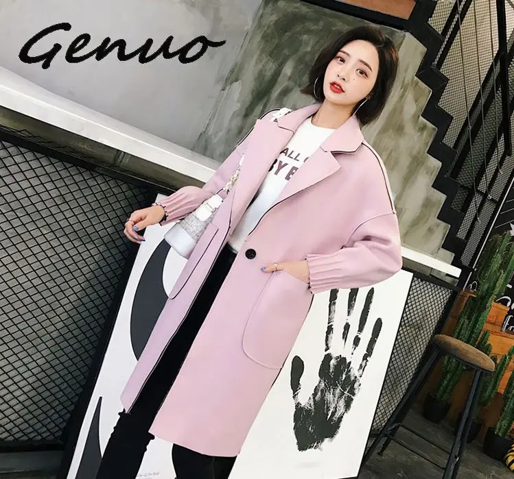 Genuo, новинка, Осень-зима, женское, бирюзовое, синее, белое, простое, шерстяное, длинное пальто с зубцами, плотная твидовая верхняя одежда, Casacos femininos