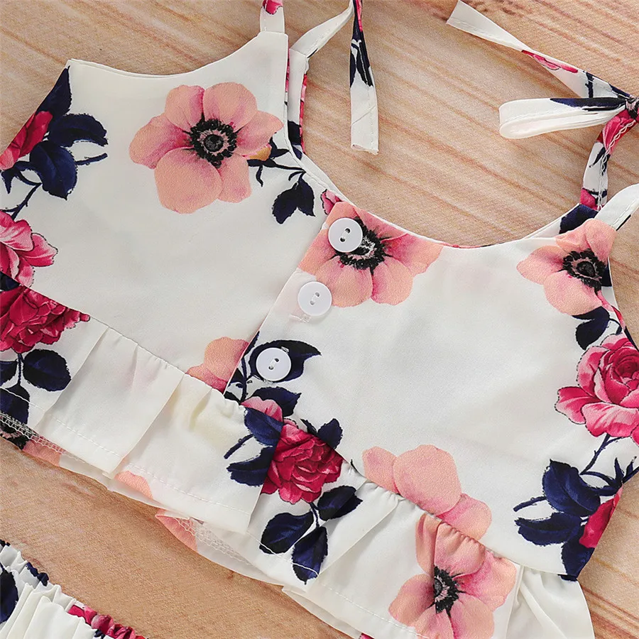 Children's sleeveless flower sling pleated top shorts suit  baby Kid girl sleeveless floral ruffle Vest tops+shorts outfits 40A1 (6)