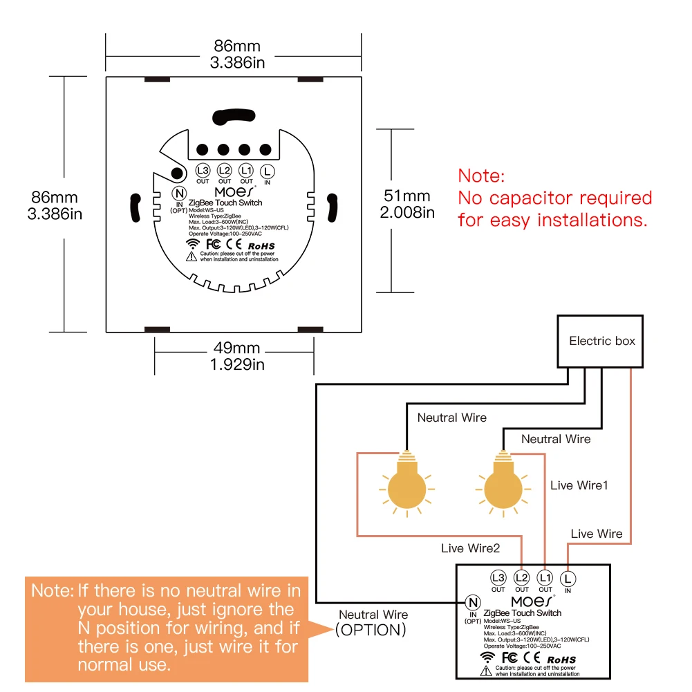 Moes zigbee parede toque interruptor de luz