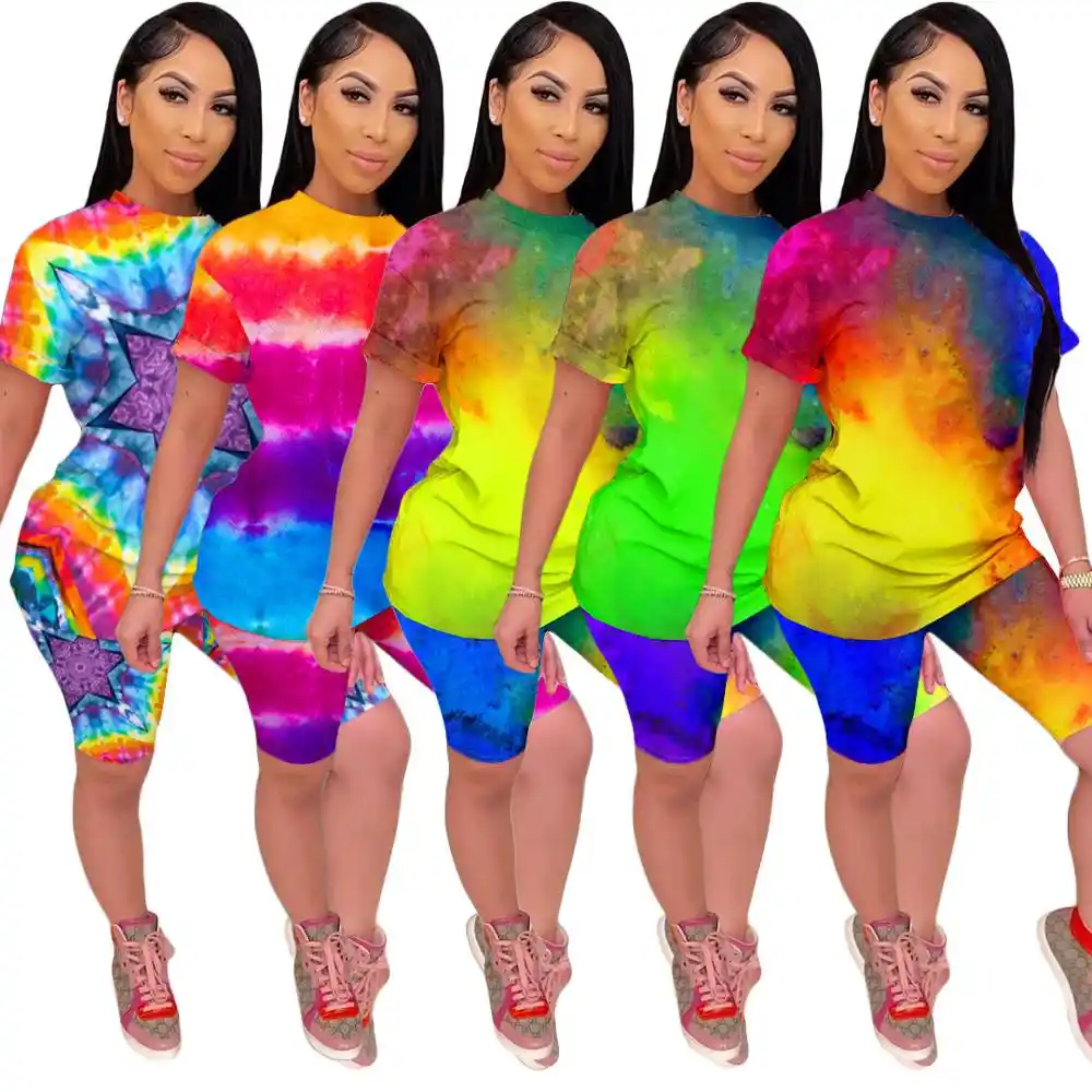 Women s Casual Two Piece Outfits Tie Dye Short Sleeve T-Shirts Bodycon Shorts Outfit Sports Suit Tracksuit Jumpsuits