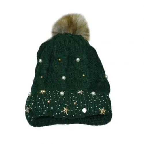 Dark Green Новинка, Зимняя шерстяная вязаная шапка, Модная вязаная шапка с жемчугом для девочек, женская шапочка, шапка с помпоном, зимние шапки для женщин - Цвет: Dark Green