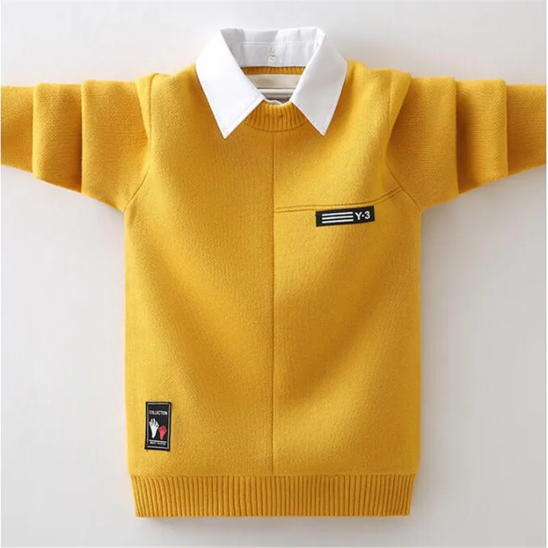 Осенне-зимний свитер с имитацией двух предметов для мальчиков, плотный флисовый свитер для детей, состаренный свитер для детей, состаренный свитер для детей 12-15 лет