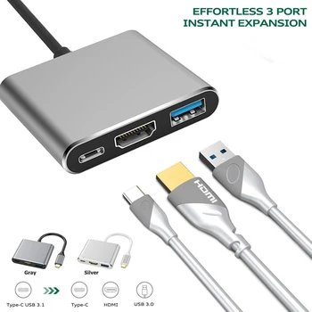 

3 in 1 USB 3.1 Type-C HUB Aluminum Alloy Type-C to 5Gbps High Speed USB 3.0+100W PD+4K*2K HDMI Adapter for Computer PC