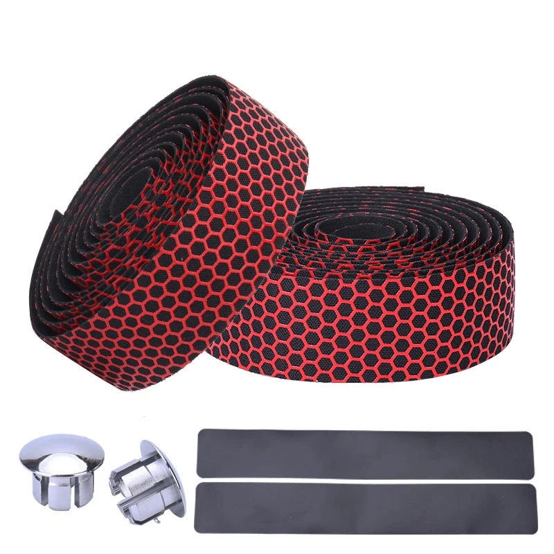 

Cycling Road Bike Sports Bicycle Cork Handlebar Tape + 2 Bar Plug Carbon Fiber Belt Strap -Red