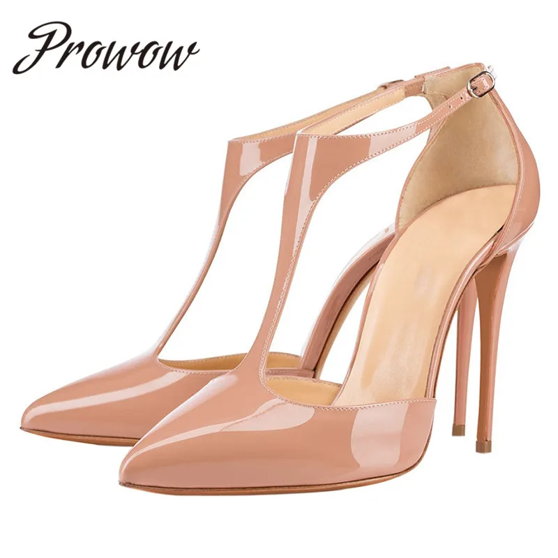 

Prowow New Beige Black Lepoard Sexy Pointed Toe HIgh Heels T Strap Thin HIgh Heel Pumps Shoes Women