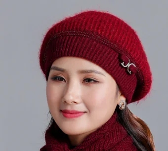 Новинка, женские вязаные шапки, шарф, теплый берет для мамы, зимняя утолщенная двухслойная Повседневная элегантная разноцветная шапка из кроличьей шерсти, женские шапки - Цвет: Red wine hat