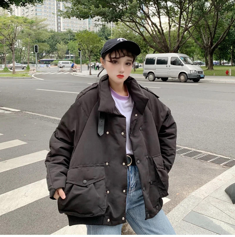 Harajuku BF утолщенные женские парки Повседневный свободный пуховик с высоким воротом женское теплое зимнее пальто с хлопковой подкладкой для женщин